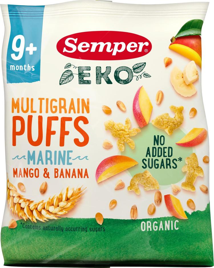 Semper Multigrain Puffs Mango & banaani luomunaksu lapsille alkaen 9 kk, 18g