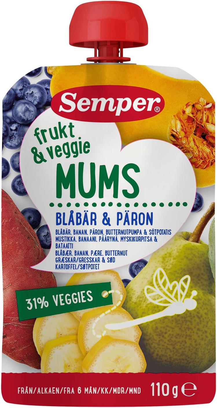 Semper Veggie Mums mustikka ja päärynä alkaen 6kk hedelmäsose 110g