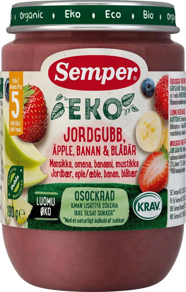 Semper EKO Mansikka omena banaani & mustikka 5kk hedelmäsose 190g