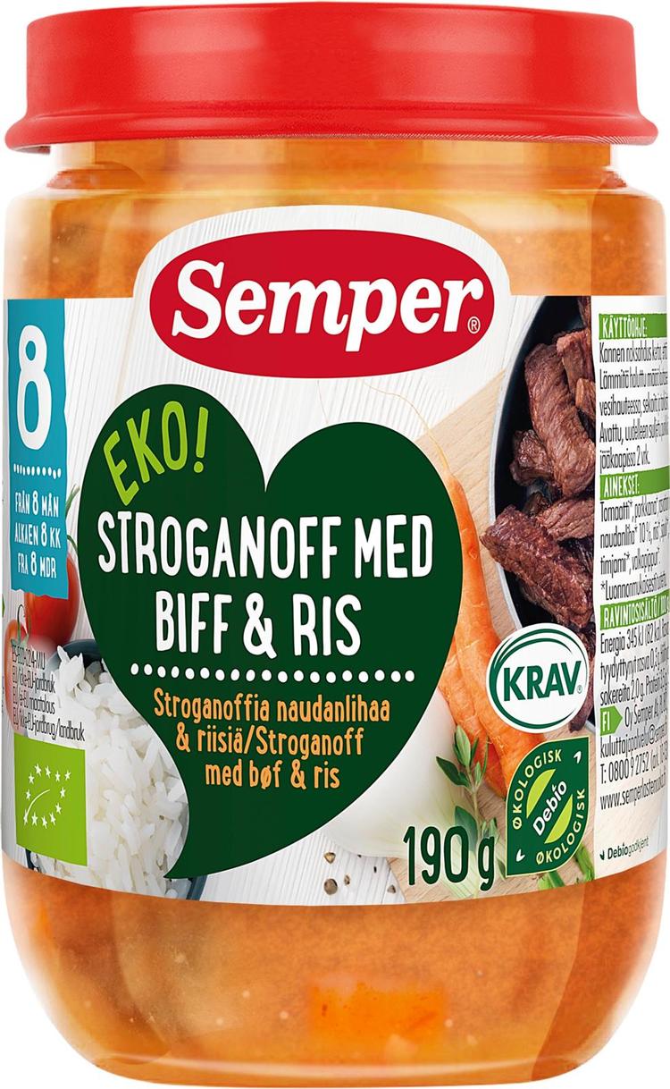 Semper EKO Stroganoffia naufanlihaa & riisiä, alkaen 8kk luomu lastenateria 190g