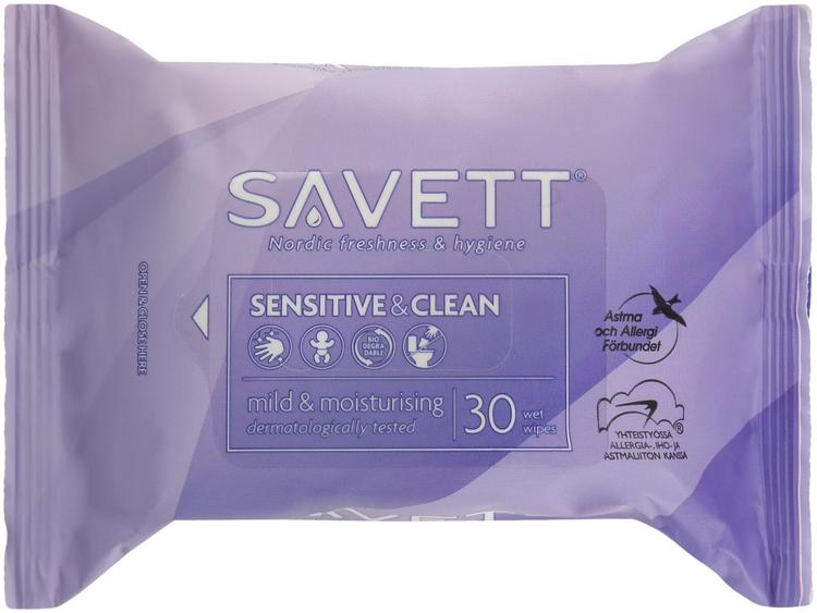 Savett Sensitive & Clean uudelleensuljettava kosteuspyyhe 30kpl