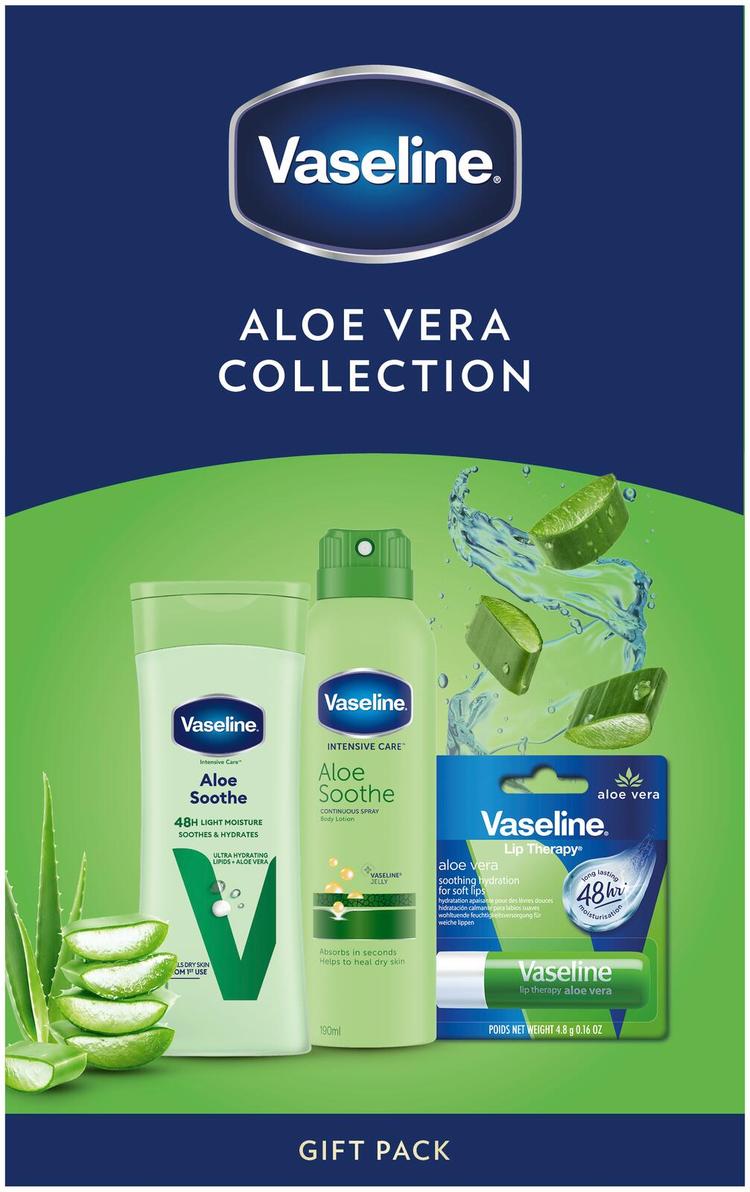 Vaseline Aloe Vera Lahjapakkaus 3 tuotetta Vartalovoide 200ml, Spray vartalovoide 190ml ja huulivoide 4,8g lajitelma