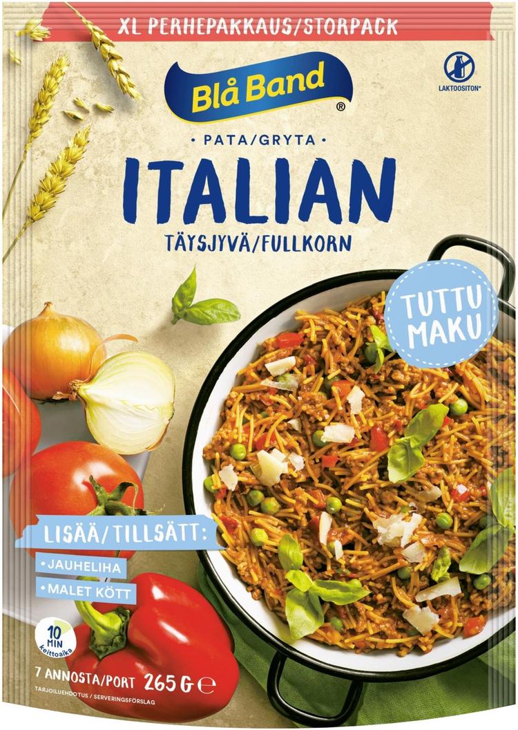 Blå Band laktoositon täysjyvä Italian pata XL perhepakkaus täysjyväspagetti-kasvis-mausteseos 265g