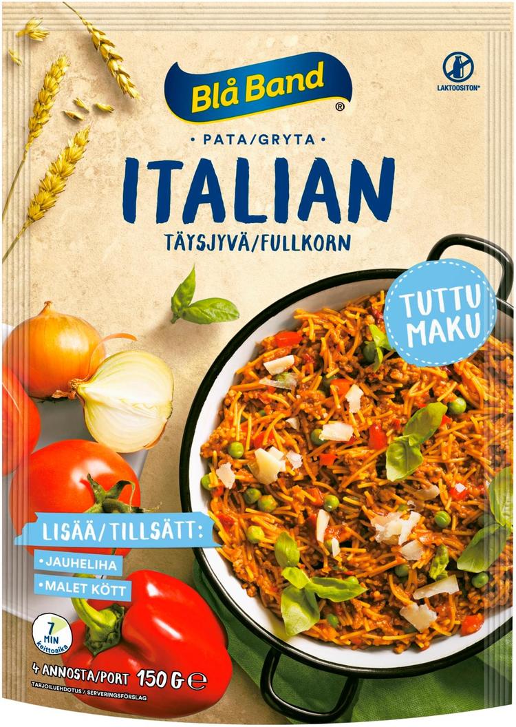 Blå Band laktoositon Täysjyvä Italian Pata Täysjyväspagetti-kasvis-mausteseos 150g