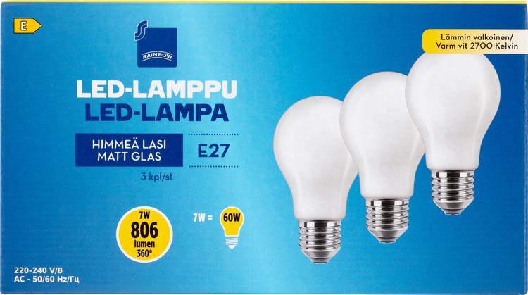 Rainbow LED-lamppu 7W E27 2700K 806lm himmeä lasi 3kpl