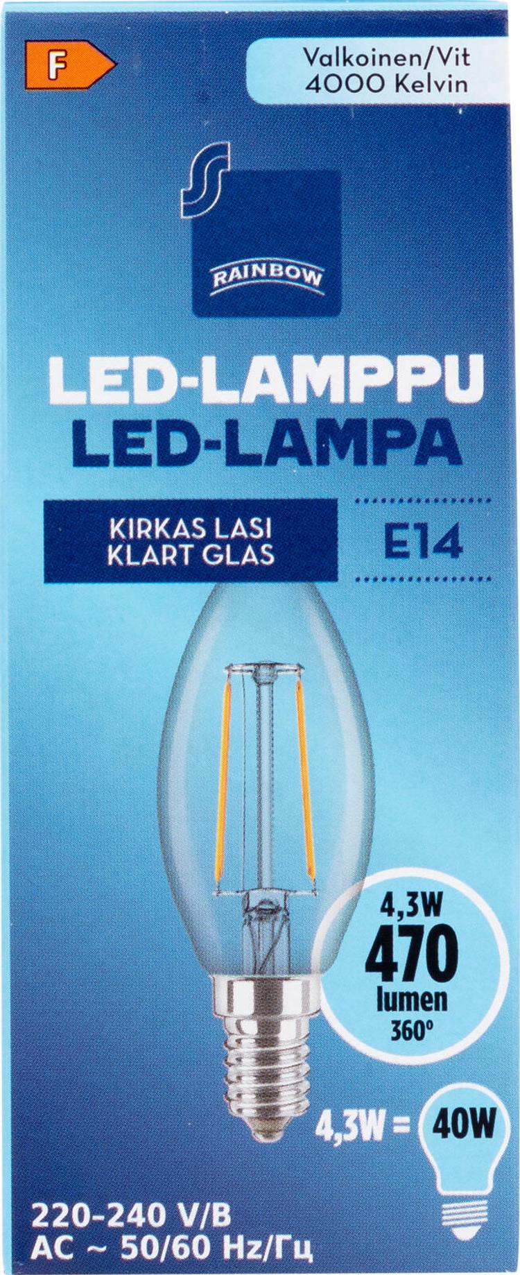 Rainbow LED-kynttilälamppu 4,3W E14 4000K 470lm kirkas lasi