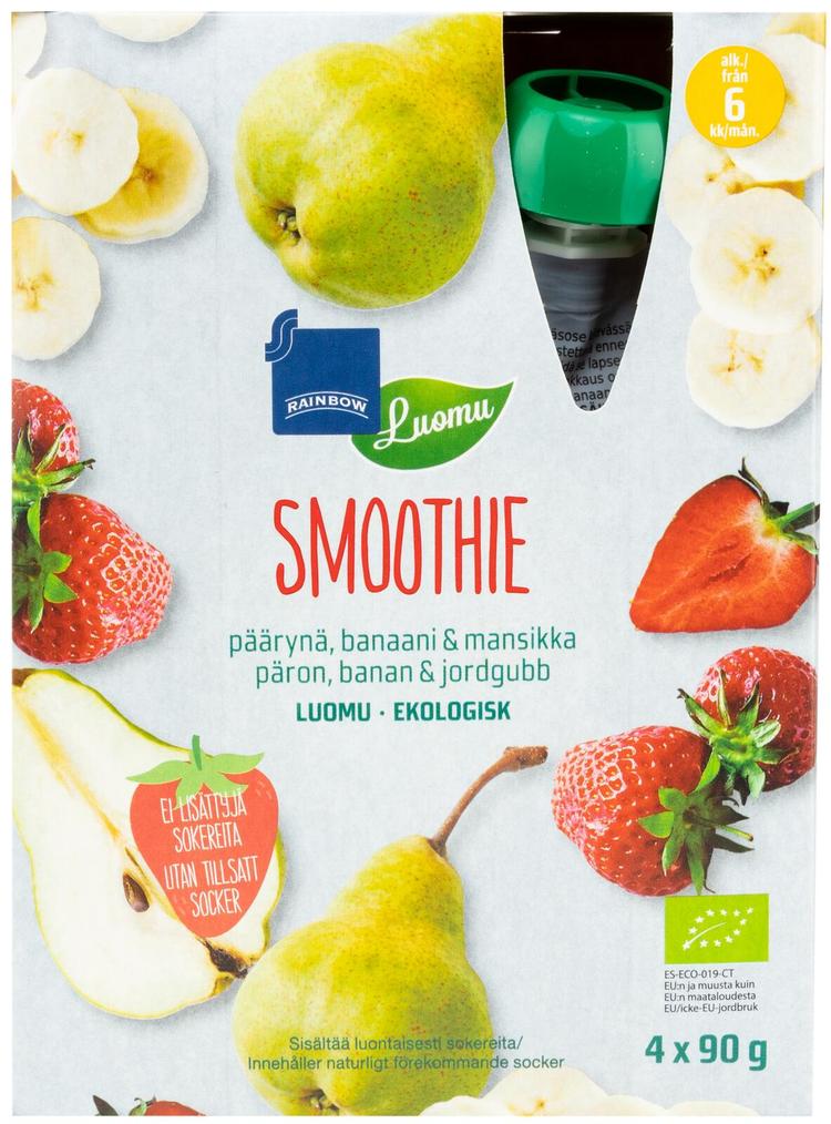 Rainbow smoothie päärynä, banaani & mansikka luomu 360 g 4-pack 6 kk