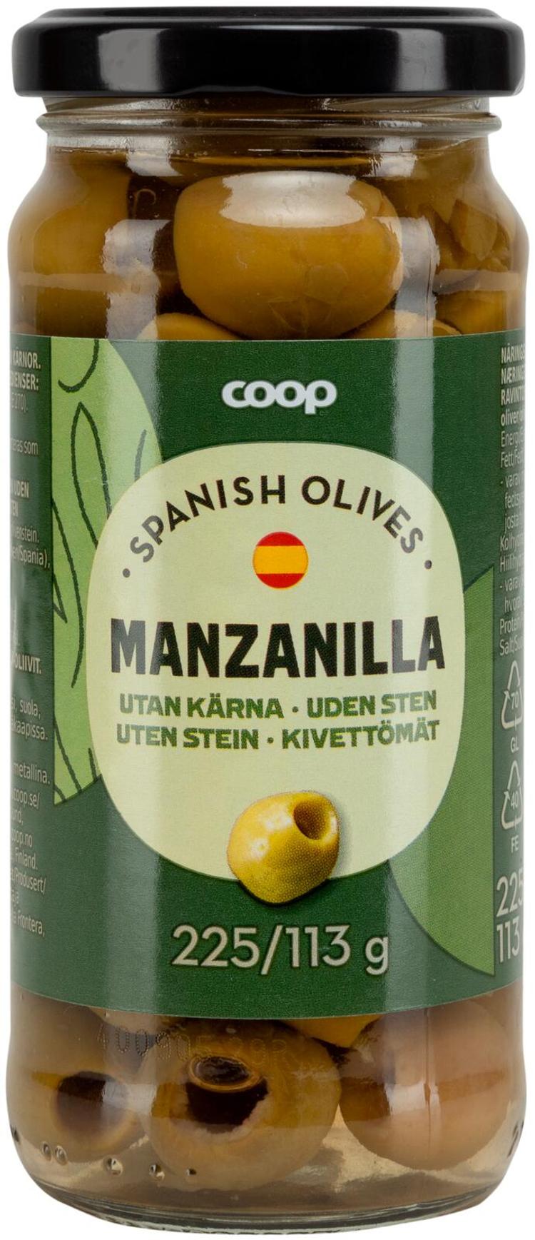 Coop Manzanilla vihreät kivettömät oliivit 225/113g