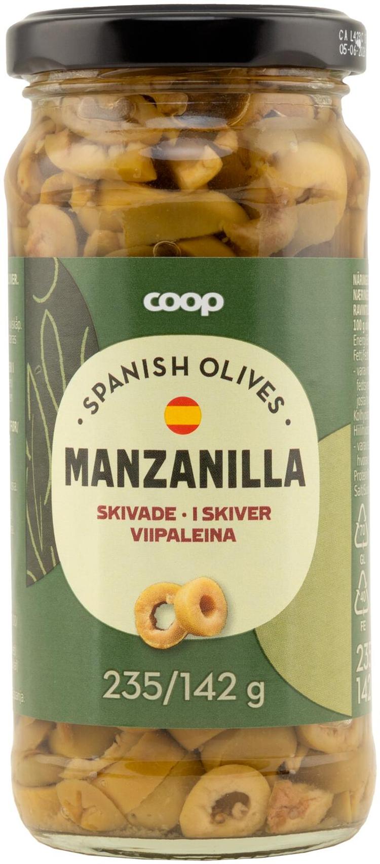 Coop Manzanilla vihreät viipaloidut oliivit 235/142 g