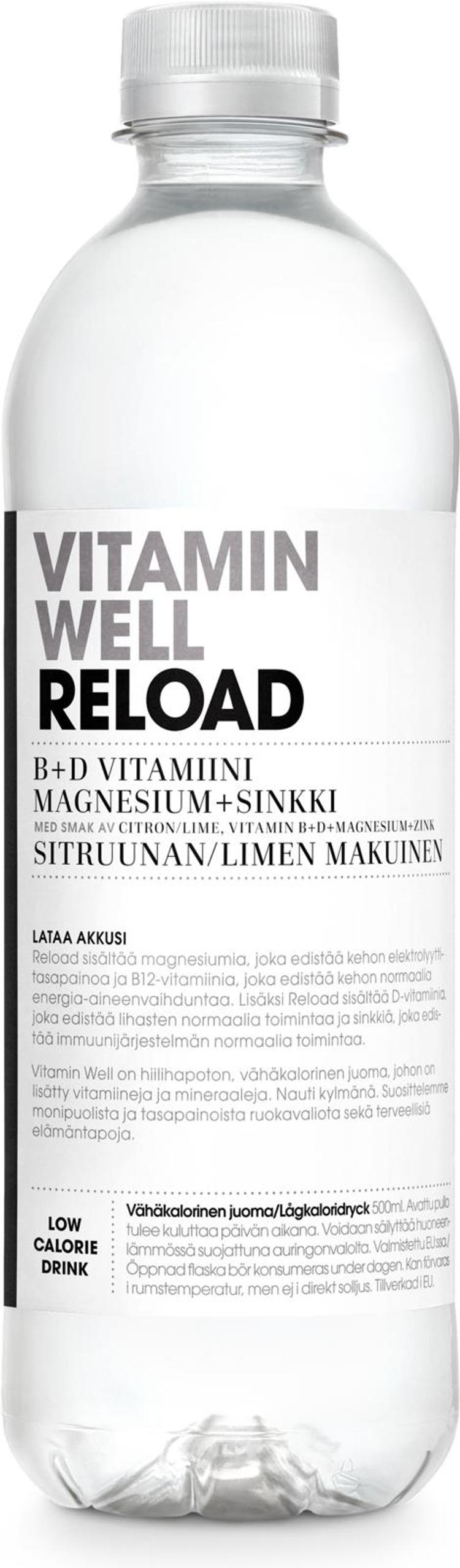 Vitamin Well Reload, sitruunan & limen makuinen, vitaminoitu hiilihapoton juoma 500ml