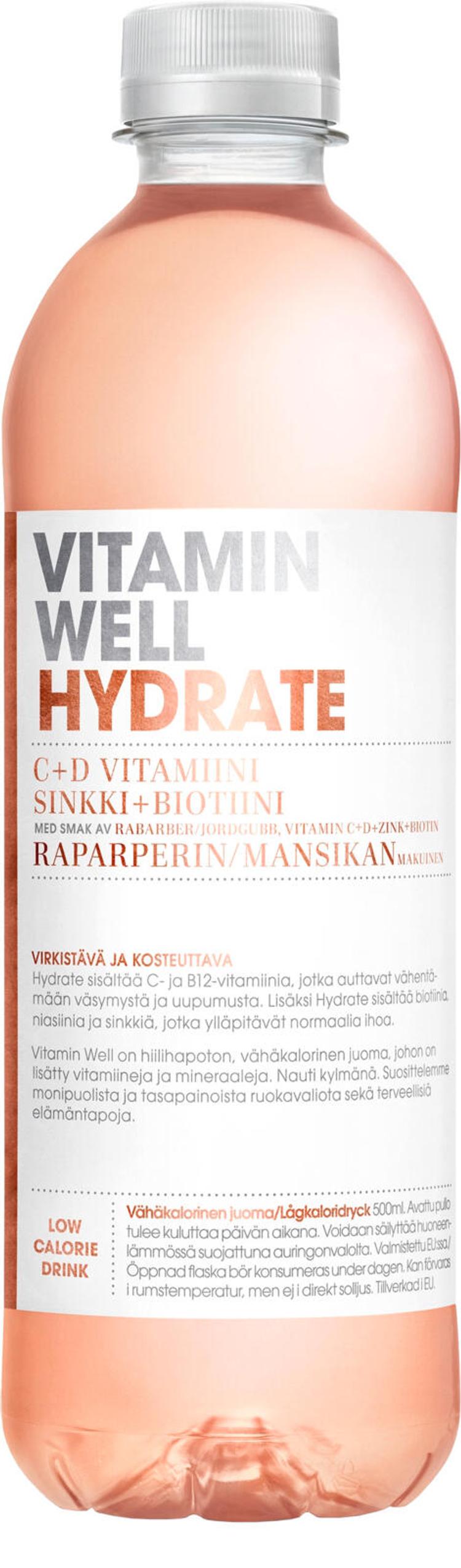 500ml Vitamin Well Hydrate, raparperilla ja mansikalla  maustettu hiilihapoton juoma