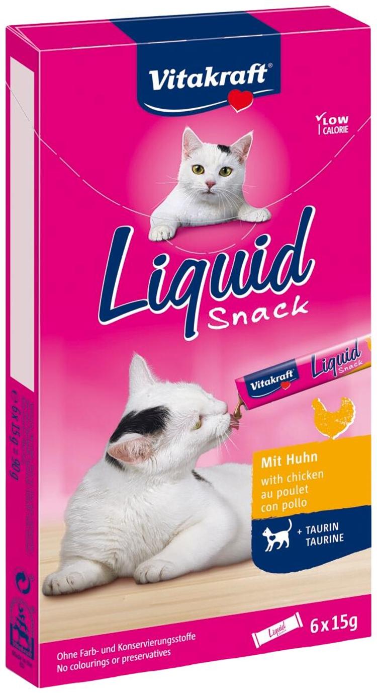 Vitakraft Liquid snack Nestemäinen välipala vähintään 3 kuukauden ikäisille kissoille kana + tauriini 6x15g