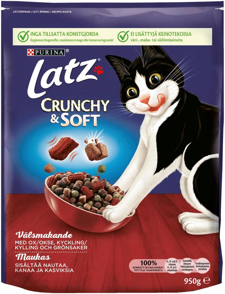 Latz 950g Crunchy & Soft sisältää Nautaa, Kanaa ja Kasviksia kissanruoka