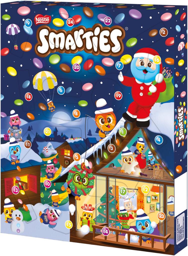 Nestlé Smarties 335g joulukalenteri maitosuklaa, täytteenä sokerikuorrutettuja maitosuklaarakeita