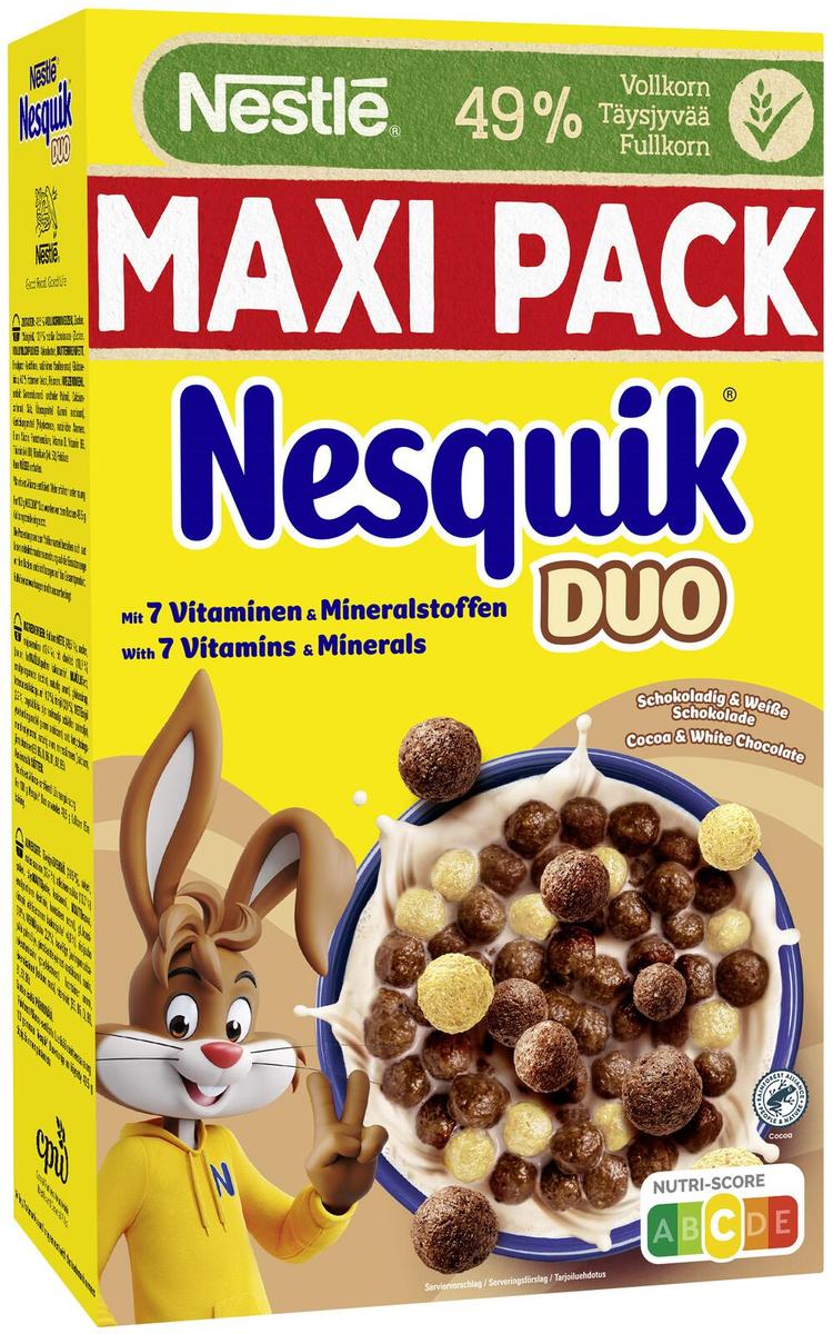 Nestlé Nesquik Duo 585g kaakaomuroja ja valkoisella suklaalla kuorrutettuja muroja