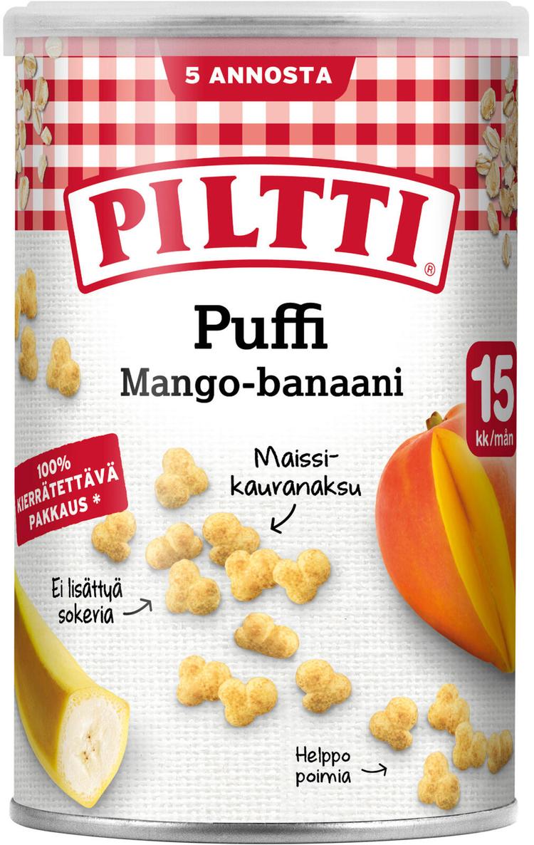 Piltti Puffi 35g Mangon ja banaanin makuisia maissi- ja kauranaksuja 15kk