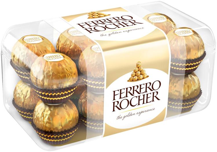 Ferrero Rocher maitosuklaalla ja hasselpähkinärouheella kuorrutettu rapea vohvelierikoisuus sisällä kokonainen hasselpähkinä hasselpähkinäkreemissä 16kpl/200g