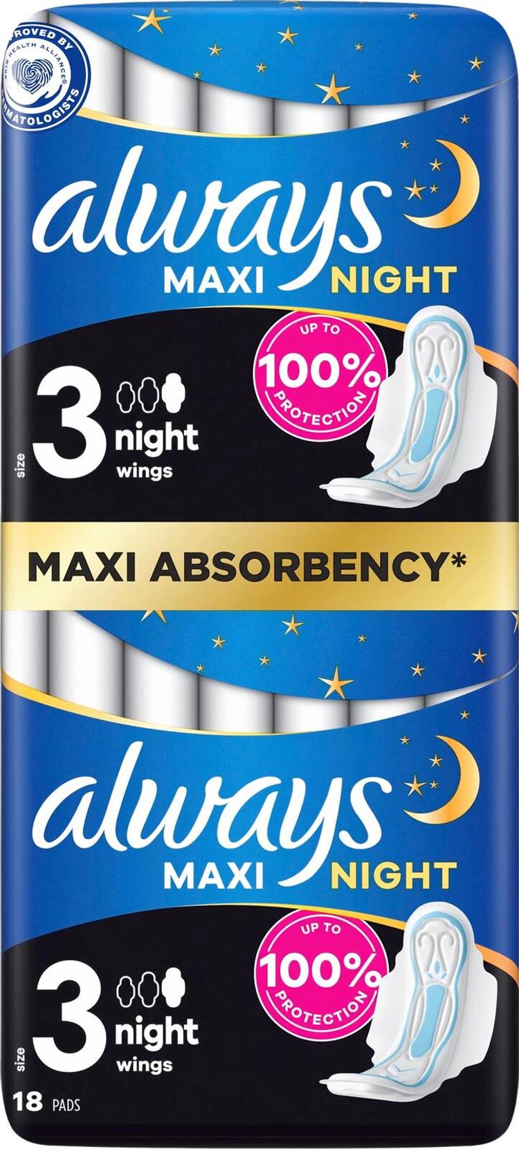 Always Maxi Night 3 siivekkeillä 18kpl terveysside