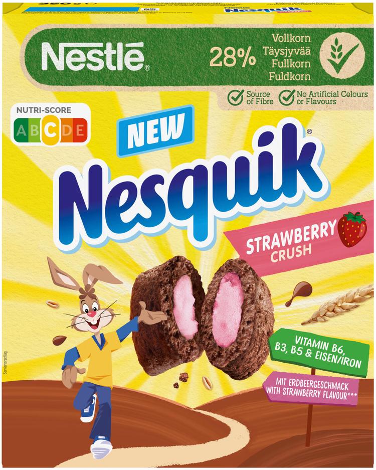 Nestlé Nesquik Strawberry Crush 350g täysjyvävehnä-, riisi- ja maissityynyjä mansikanmakuisella täytteellä