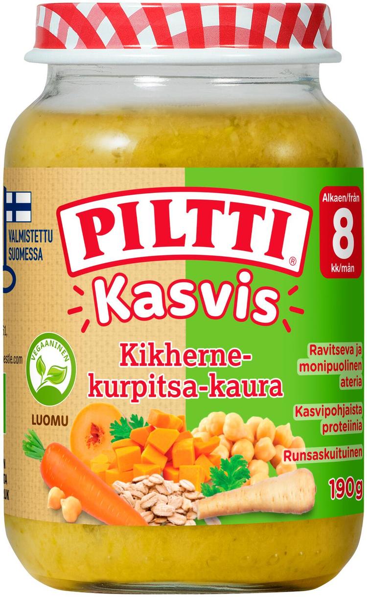 Piltti Kasvis 190g Kikherne-kurpitsa-kaura lastenateria 8kk Luomu