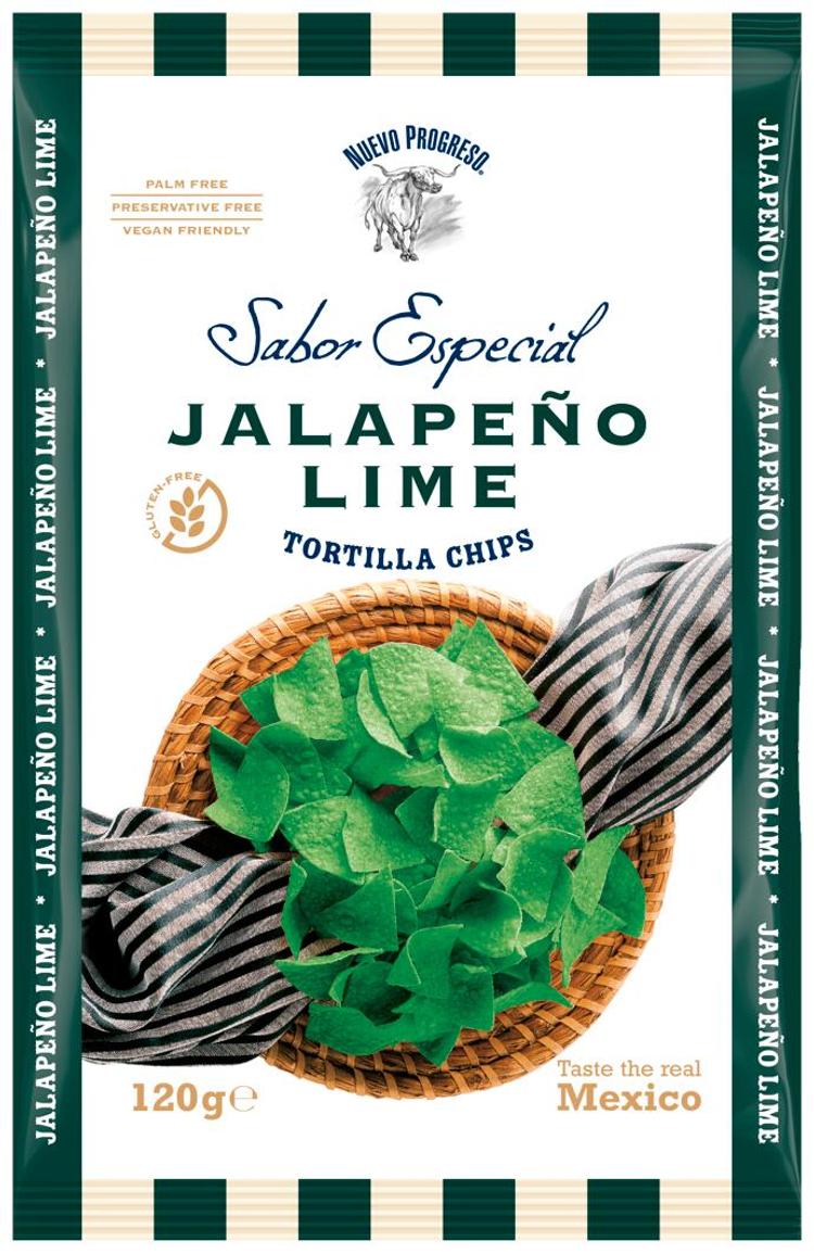 Nuevo Progreso Sabor Especial Jalapeño Lime Tortilla Chips jalapenon- ja limetinmakuiset maissilastut 120g pussi