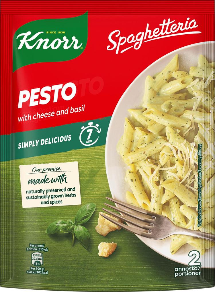 Knorr  Pesto Spaghetteria  Valmistettu luonnollisesti kuivatuista ja vastuullisesti kasvatetuista yrteistä ja mausteista   155 g 2 annosta