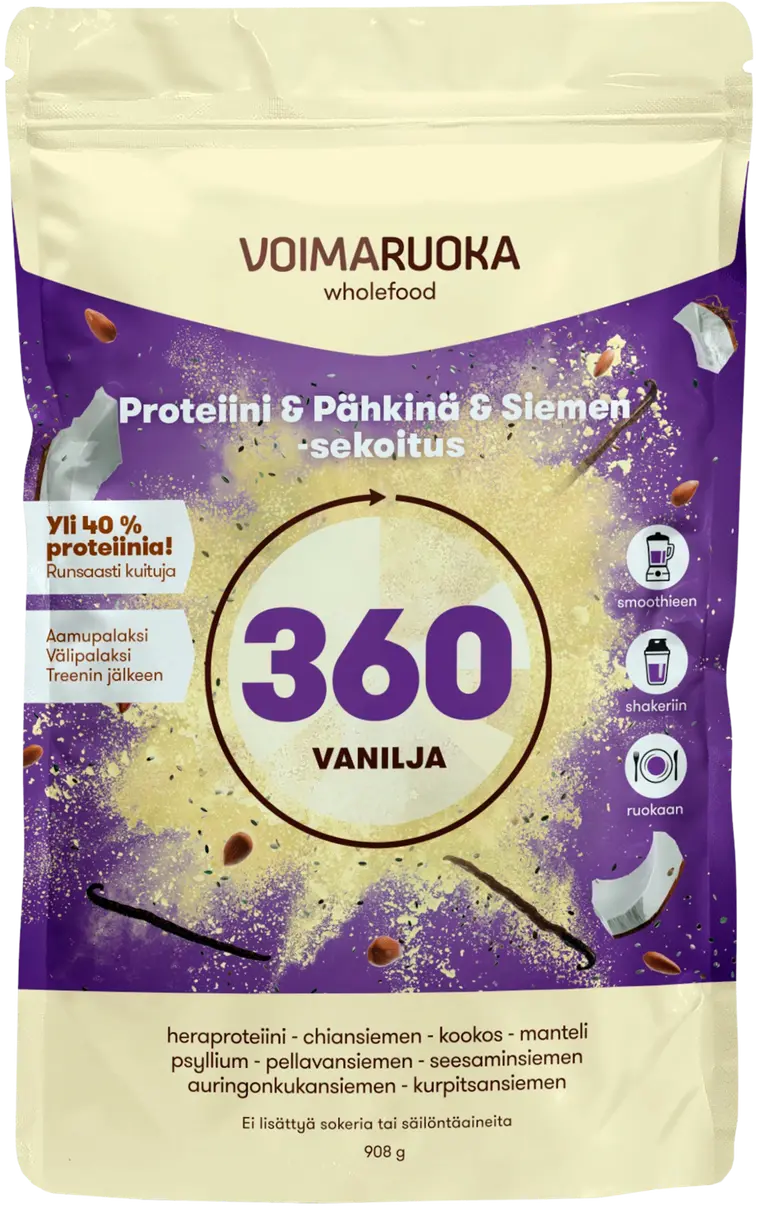 Voimaruoka 360 Wholefood vaniljan makuinen proteiini-pähkinä-siemensekoitus 908g