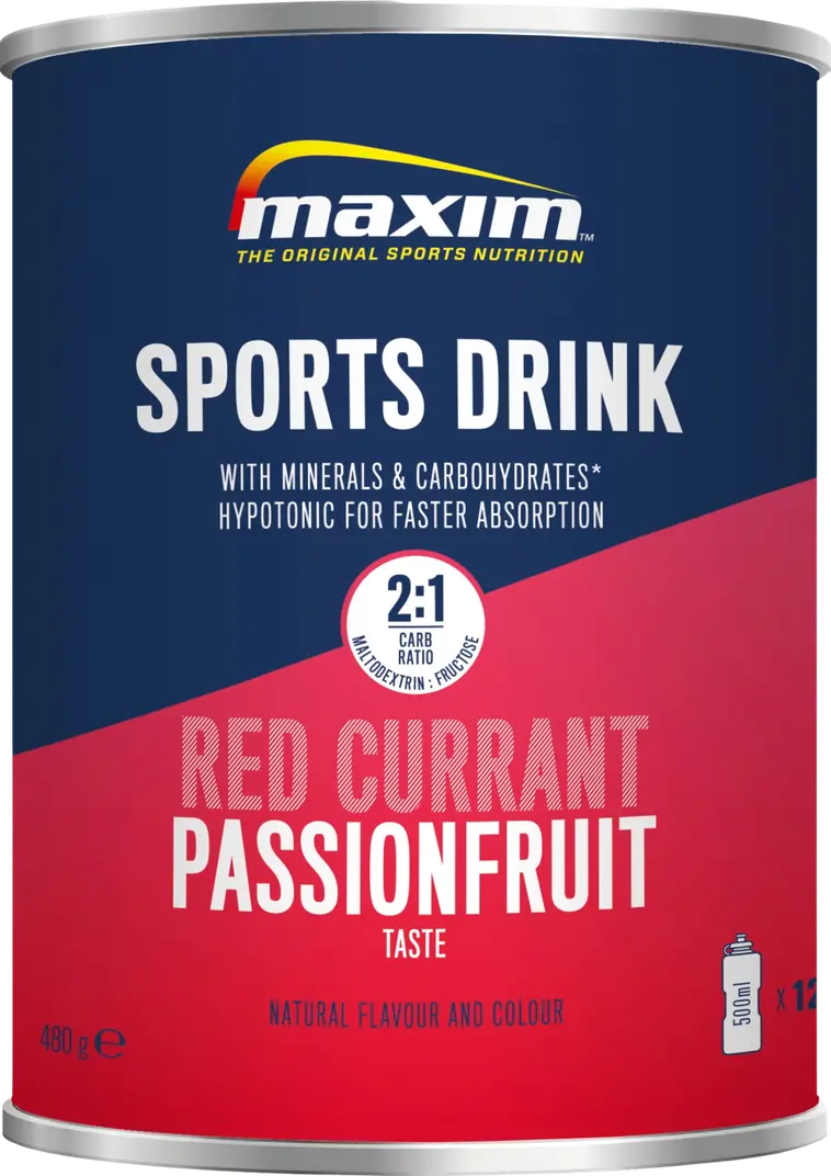 Maxim Sports Drink Red Currant & Passion Fruit punaherukan ja passionhedelmän makuinen urheilujuomajauhe 480g