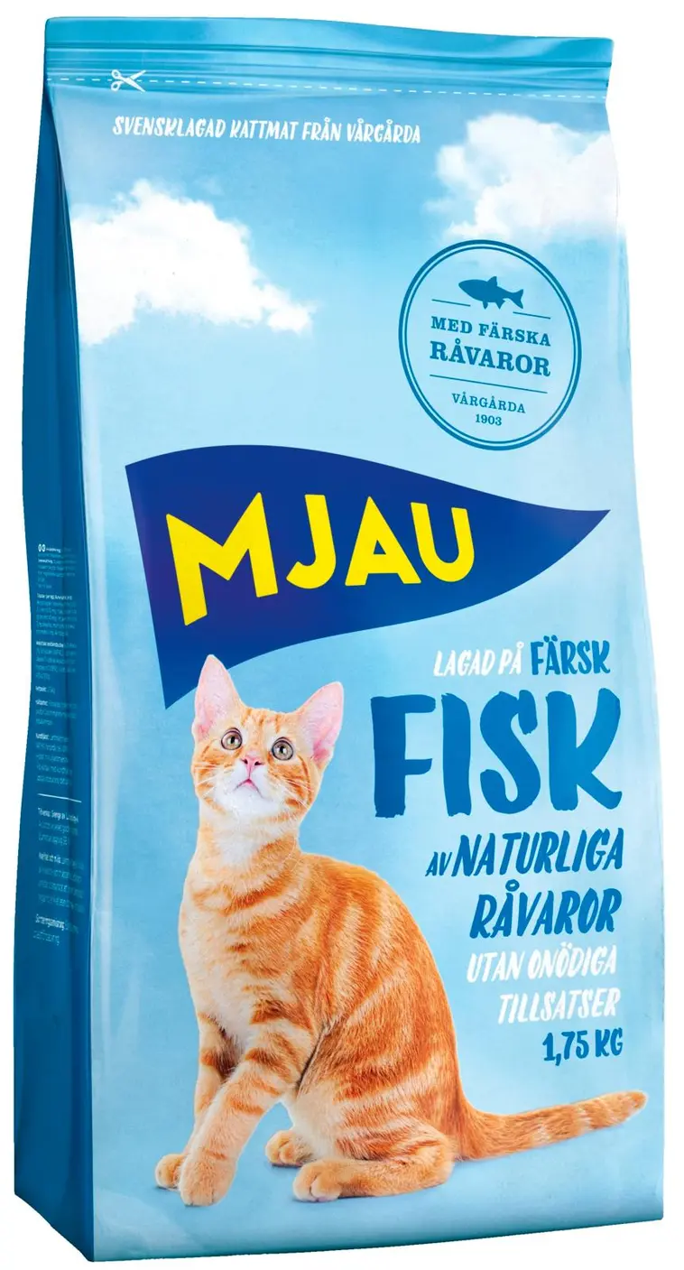 Luonnollinen, tuoreista raaka-aineista valmistettu väriaineeton kissan kuivaruoka. Ruotsissa valmistettu
