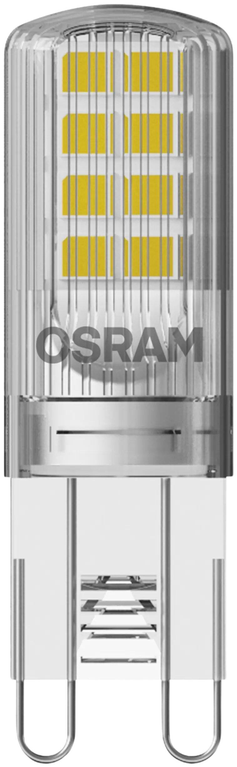 Osram LED PIN 2,6W/2700K G9 ei-himmennettävä kirkaskupuinen LED-pienoislamppu. Kupu muovia. Valovirta 320 lm (vastaa 30 W:n hehkulamppua). Pakkaus sisältää kaksi lamppua.