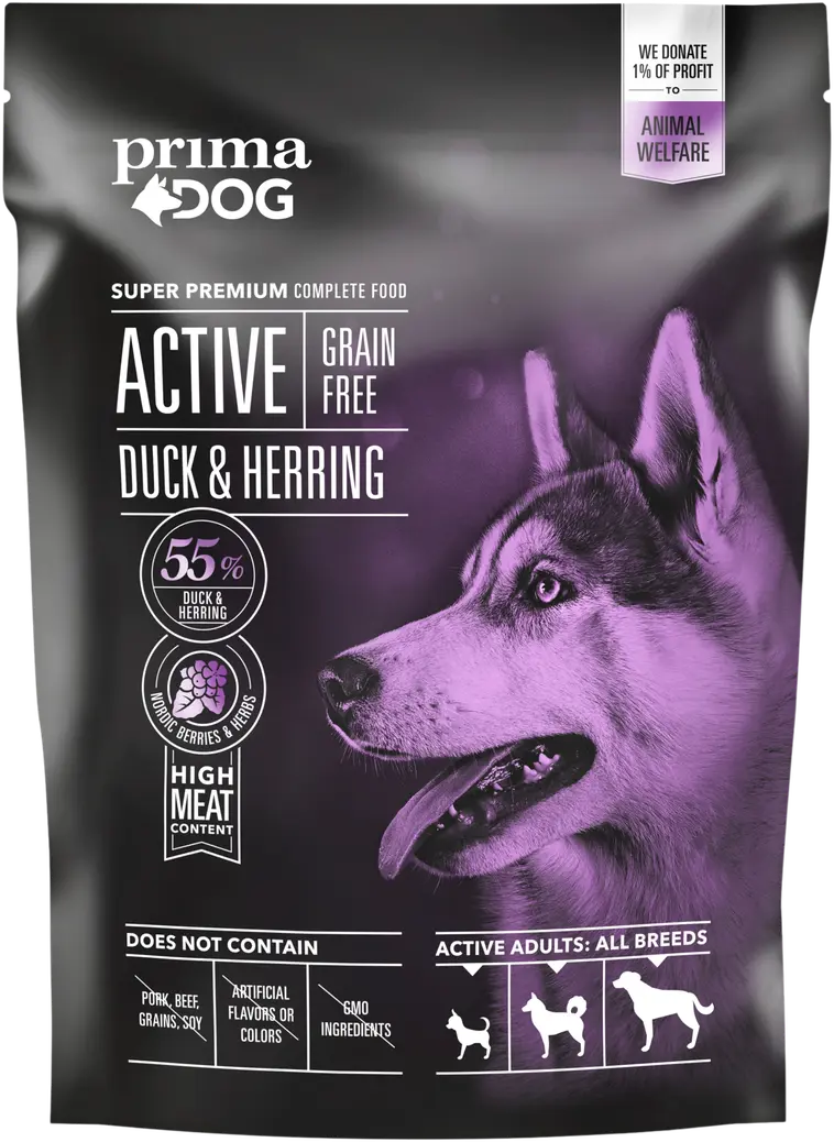 PrimaDog Active Ankka-Silli viljaton täysravinto koirille 1,5 kg