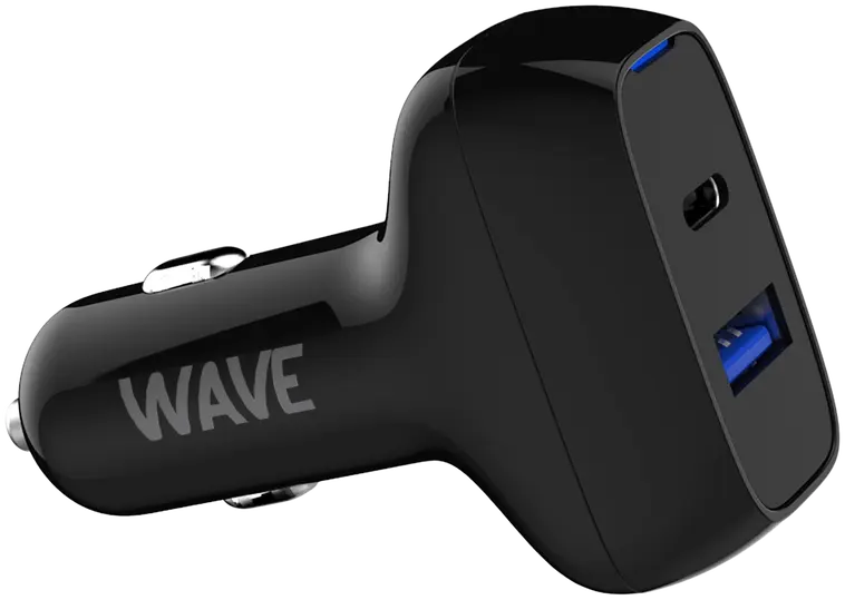 Wave 45W Pikalataava autolaturi, 1 x USB Type-C + 1 x USB-A (45W+18W), Musta