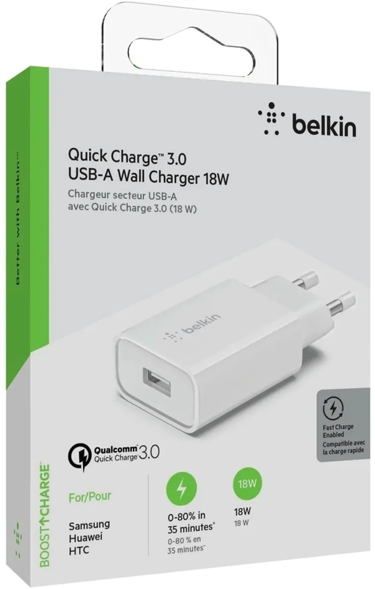 Belkin seinälaturi USB-A 18w QC3, valkoinen