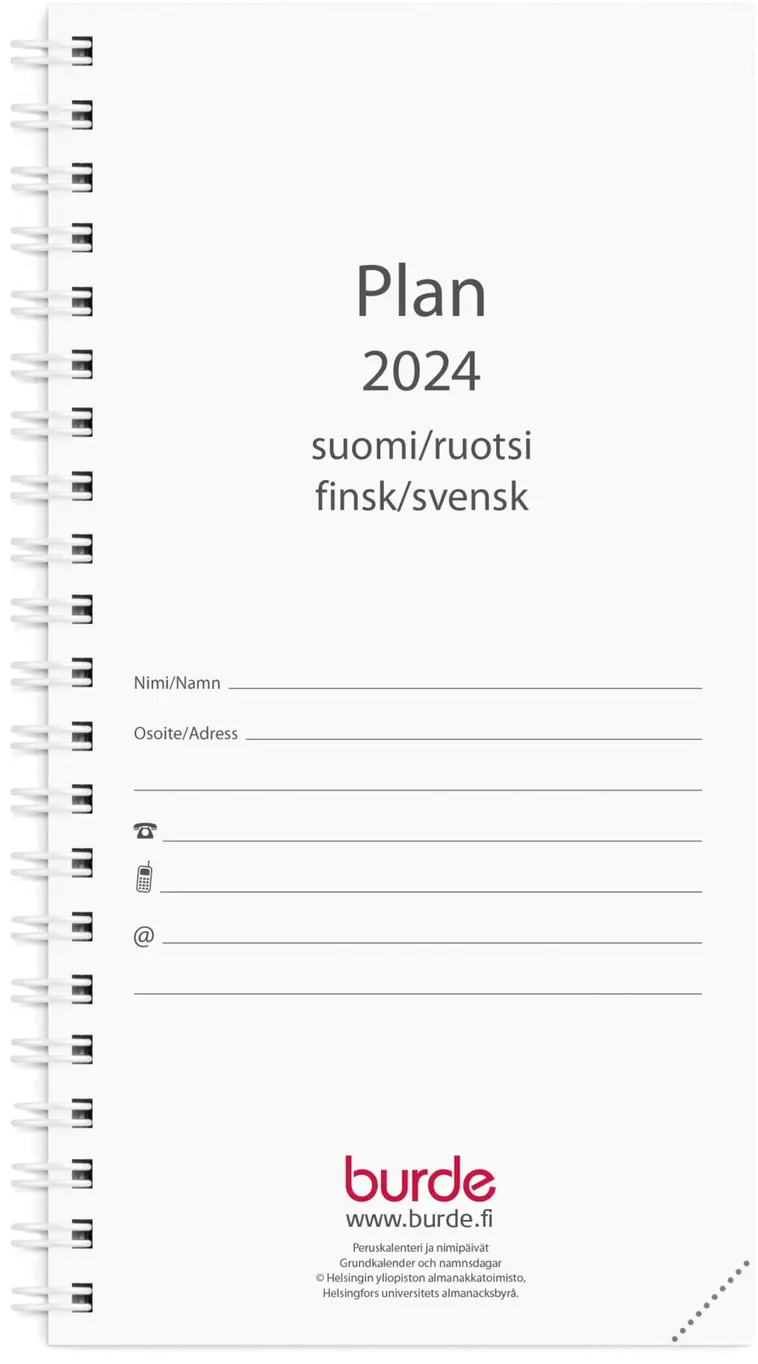 Burde kalenteri 2024 Plan musta keinonahka keltainen paperi (kaksikielinen)