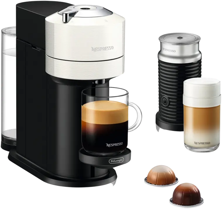 Nespresso Vertuo Next kapselikeitin, valkoinen, De'Longhi + Aeroccino maidonvaahdotin