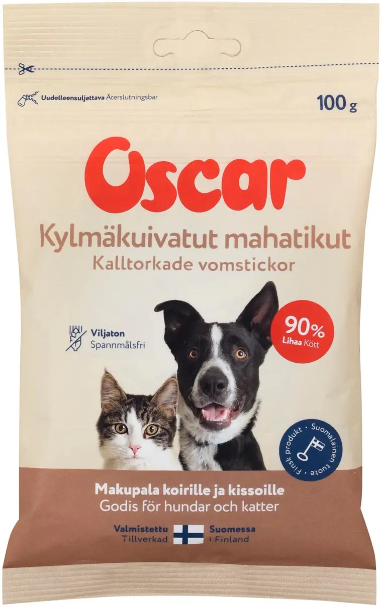 Oscar Kylmäkuivatut mahatikut koirille ja kissoille täydennysrehu 100g