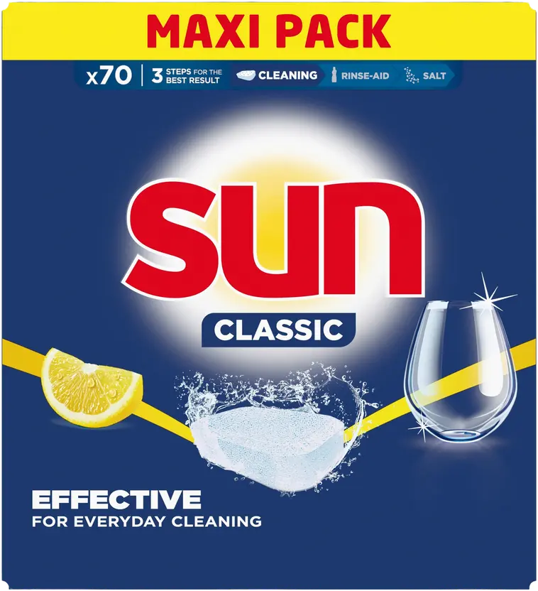 Sun Classic Lemon Konetiskitabletti Ympäristömerkki Tehokas pikapesussa 70 kpl 70 pesua