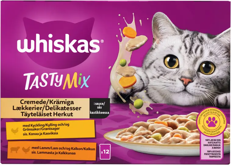Whiskas 1+ Tasty Mix Täyteläiset Herkut kastikkeessa (12 x 85 g)