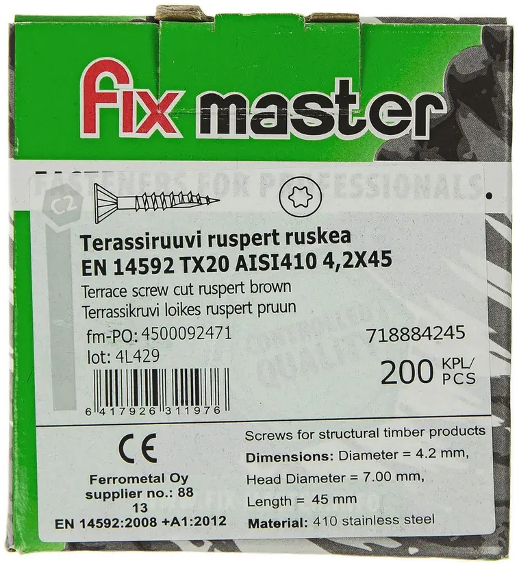 Fix Master terassiruuvi ruspert ruostumaton AISI410 torx20 4,2X45 ruskea  200kpl | Prisma verkkokauppa