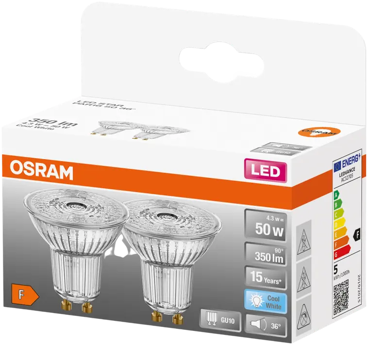 Osram LED STAR PAR16 4,3W/4000K GU10 ei-himmennettävä LED-kohdelamppu. Valovirta 350 lm (vastaa 50 W:n halogeenilamppua), avauskulma 36° ja värintoistoindeksi yli 80. Pakkaus sisältää kaksi lamppua. - 3