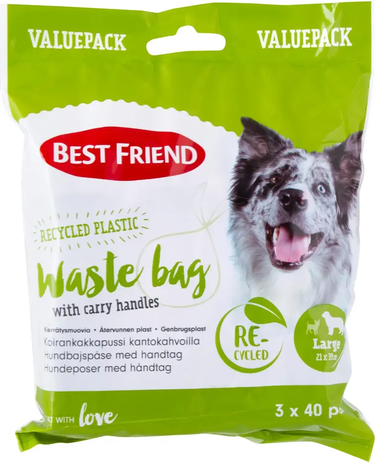Best Friend Koiran kakkapussi L (21x39 cm) kantokahvoilla, säästöpakkaus 3 x 40 kpl kierrätysmuovia