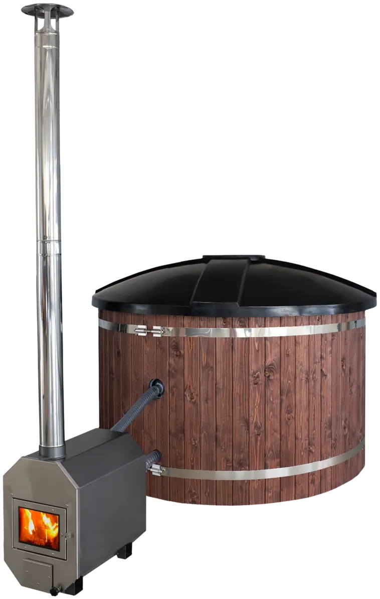 PW-SPA tee-se-itse kylpytynnyri 30 kW kamiinalla , sisältää kannen. Ulkovuoraus pähkinänruskea, sisäosa sininen ja kansi musta.