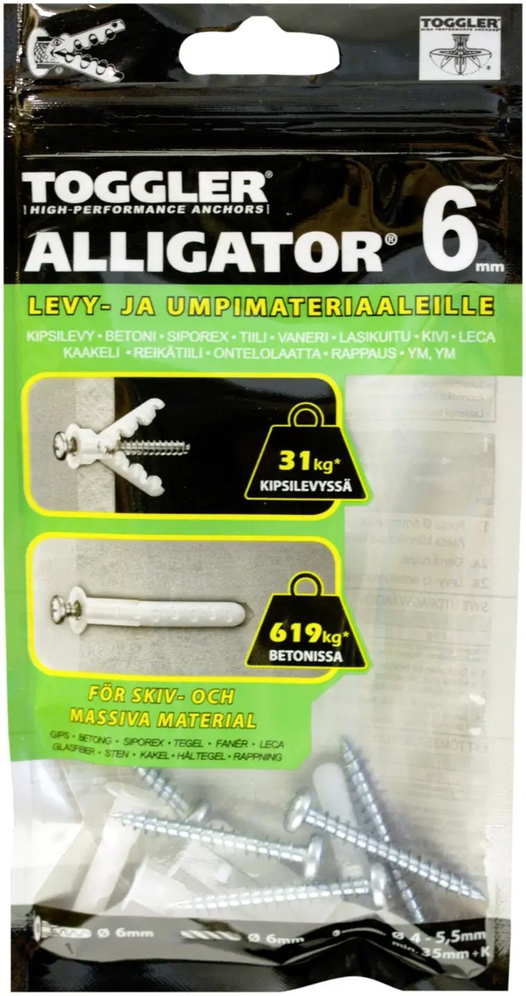Toggler Alligator AF6-5 kiinnike laipalla 6mm 5kpl + ruuvit - 1