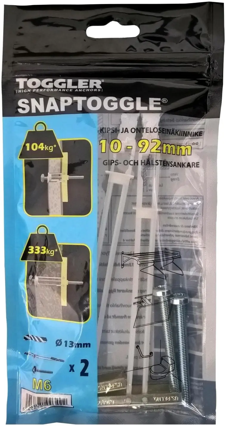 Toggler Snaptoggle BM6-2 kipsi- ja onteloseinäkiinnike 10-92mm levyille M6 2kpl + pultit