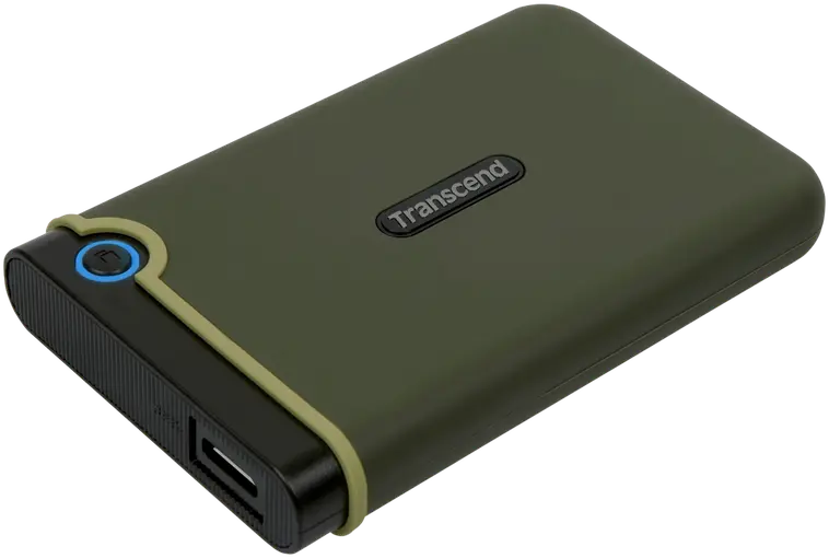 Transcend StoreJet 25M3 -sarjan kolhusuojattu ulkoinen HDD kiintolevy 2TB kapasiteetilla. USB 3.0  väylään. Väri oliivinvihreä