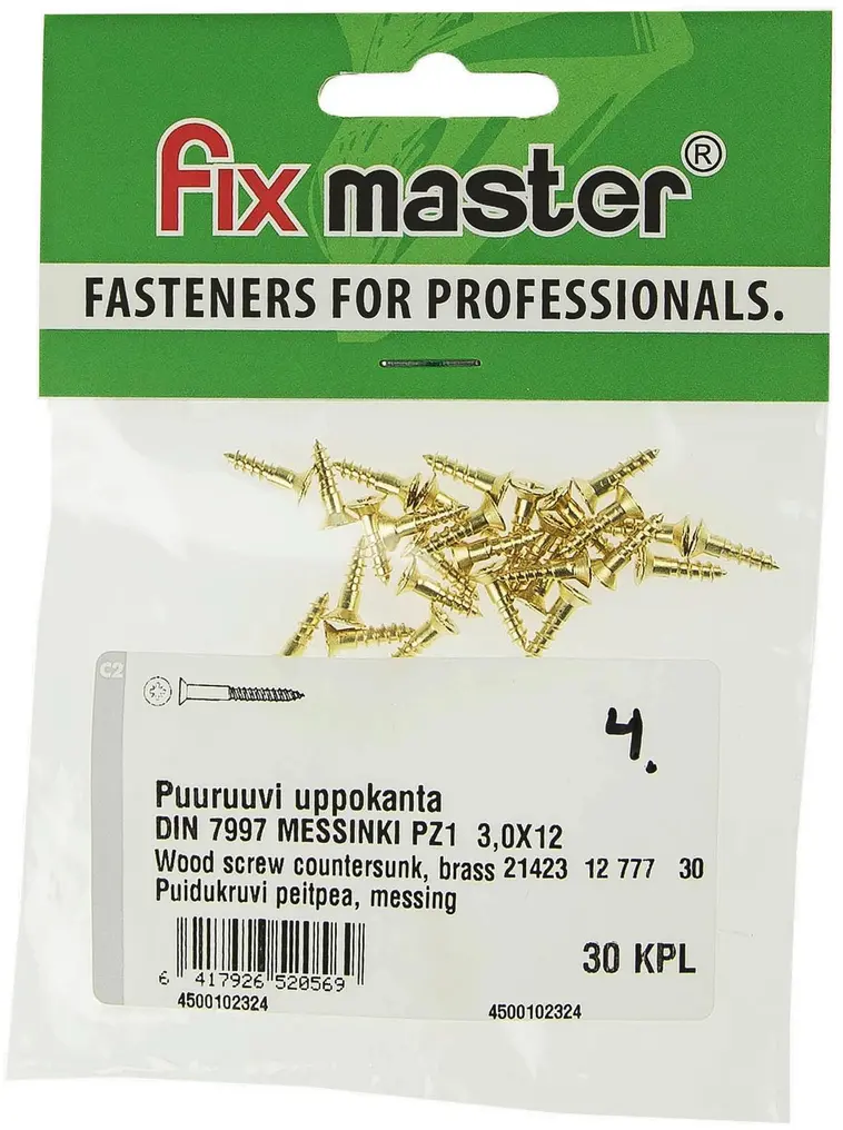 Fix Master puuruuvi uppokanta messinki PZ1 3,0X12 30kpl