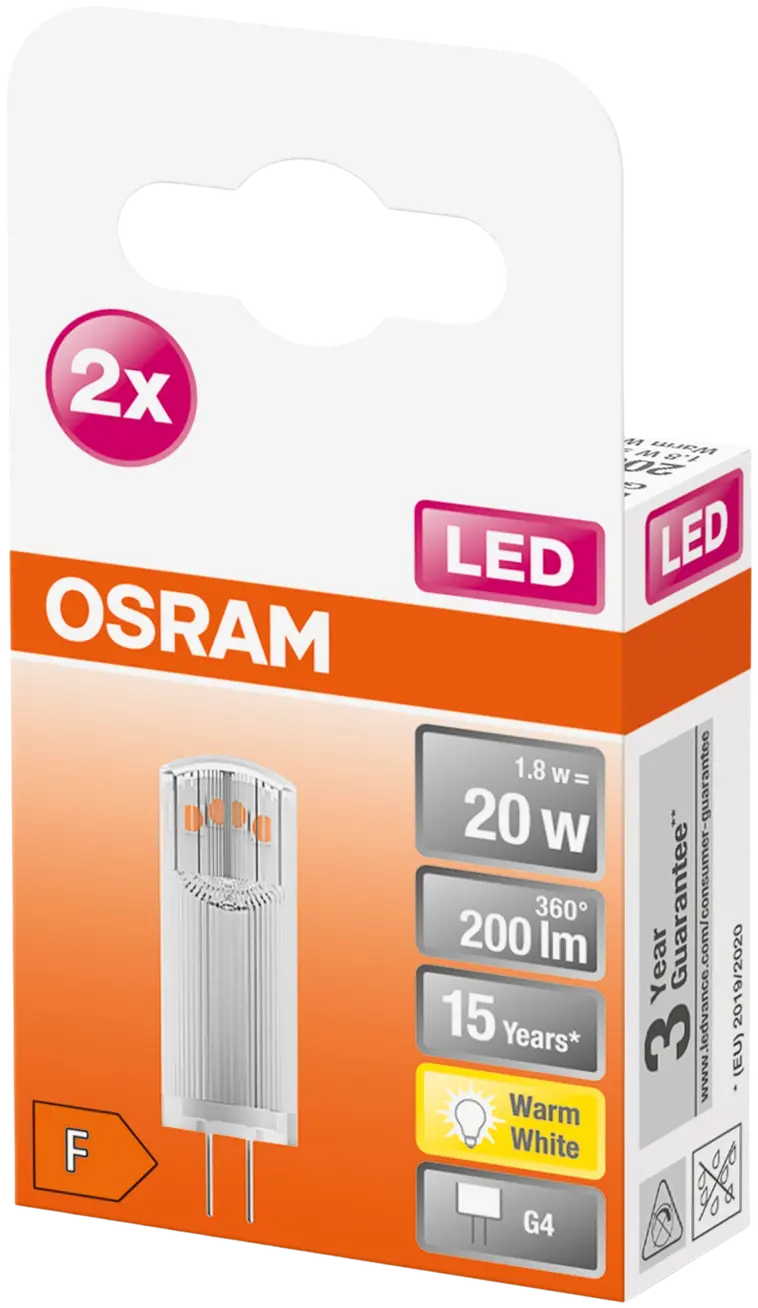 Osram LED PIN 1,8W/2700K 12V G4 ei-himmennettävä kirkaskupuinen LED-pienoislamppu. Kupu muovia. Valovirta 200 lm (vastaa 20 W:n hehkulamppua). Pakkaus sisältää kaksi lamppua. - 3