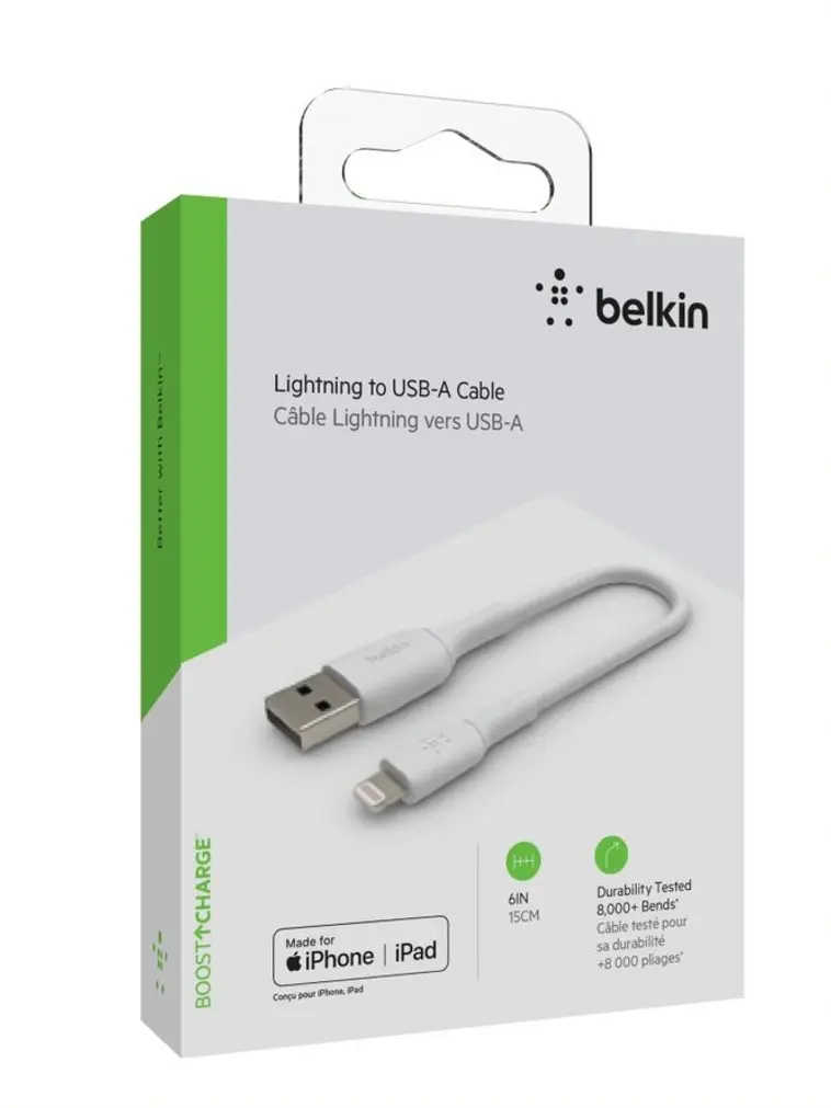 Belkin USB-A / lightning kaapeli  15 cm, valkoinen