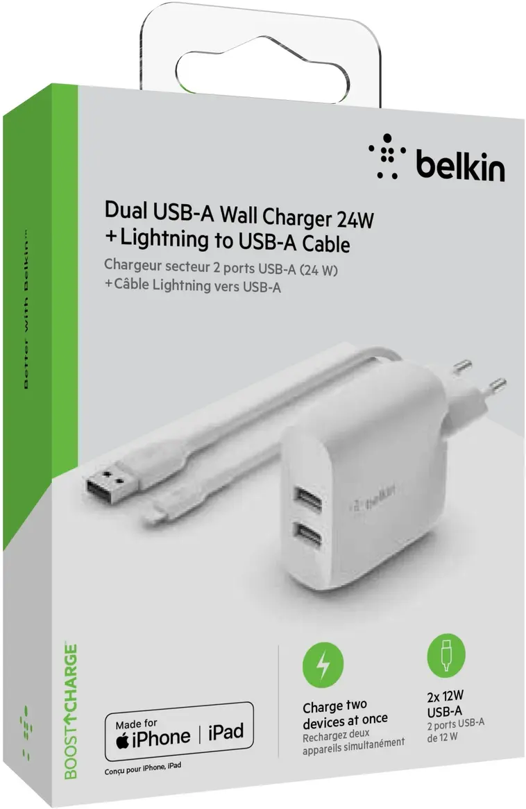 Belkin seinälaturi 2 x USB-A 24w + lightning -kaapeli 1m