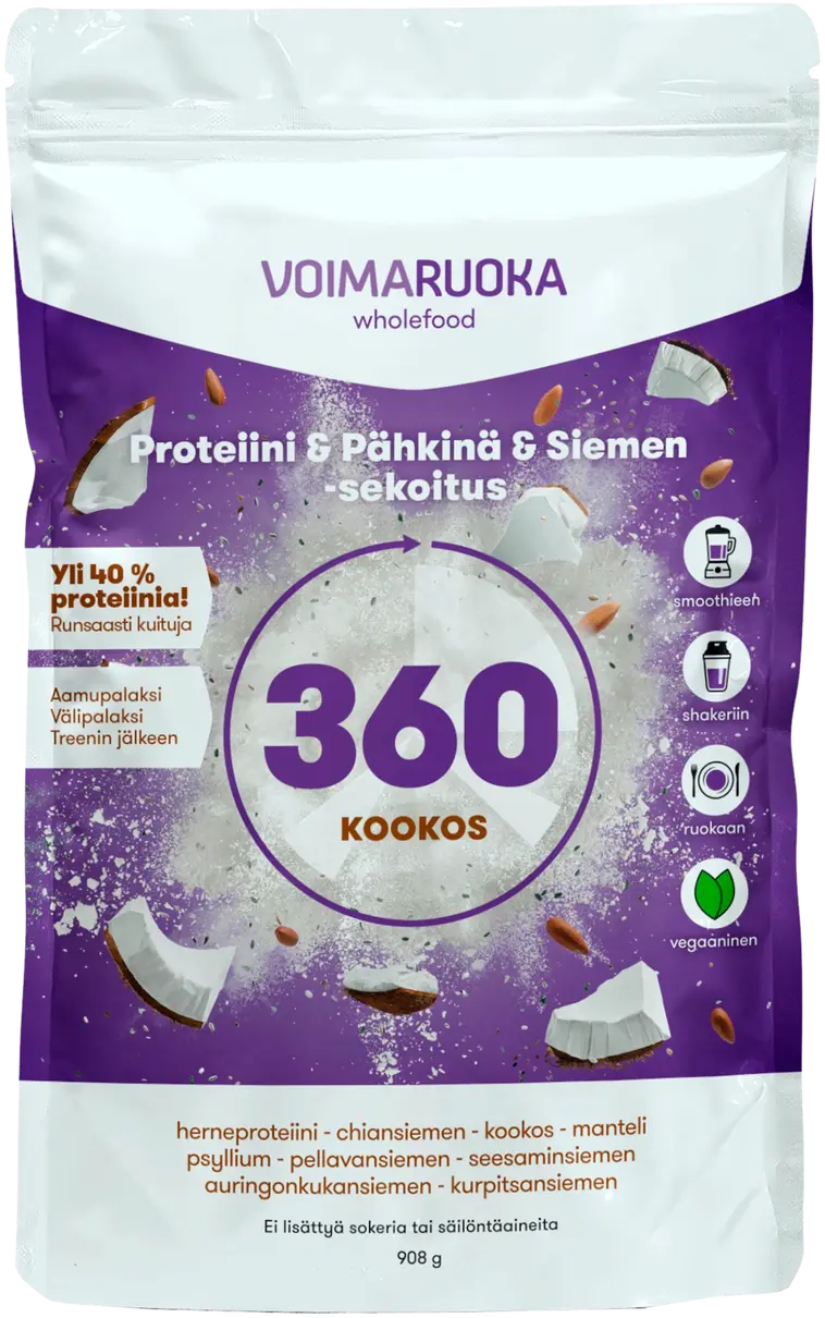 Voimaruoka 360 Wholefood kookoksen makuinen proteiini-pähkinä-siemensekoitus 908g
